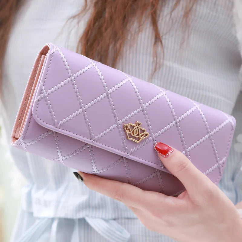 Damen Lange PU Leder Geldbörse – Rautenmuster mit Kronenverschluss Großes Fassungsvermögen Handy Tasche