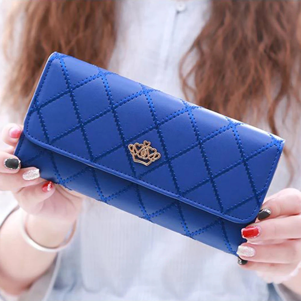 Damen Lange PU Leder Geldbörse – Rautenmuster mit Kronenverschluss Großes Fassungsvermögen Handy Tasche