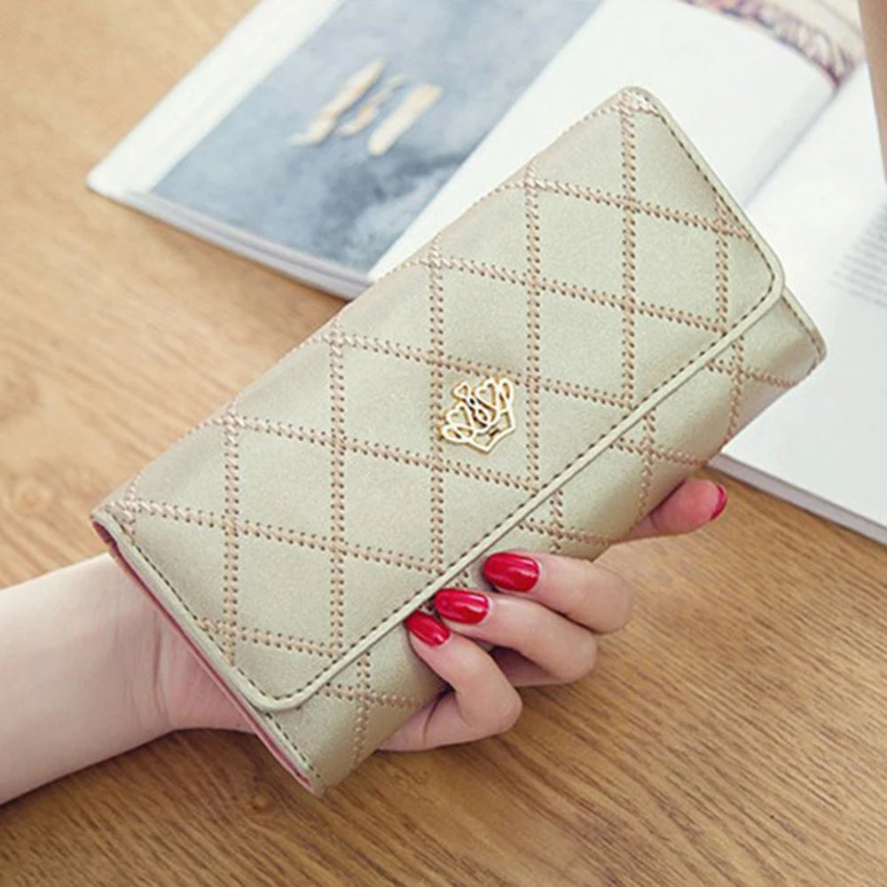 Damen Lange PU Leder Geldbörse – Rautenmuster mit Kronenverschluss Großes Fassungsvermögen Handy Tasche