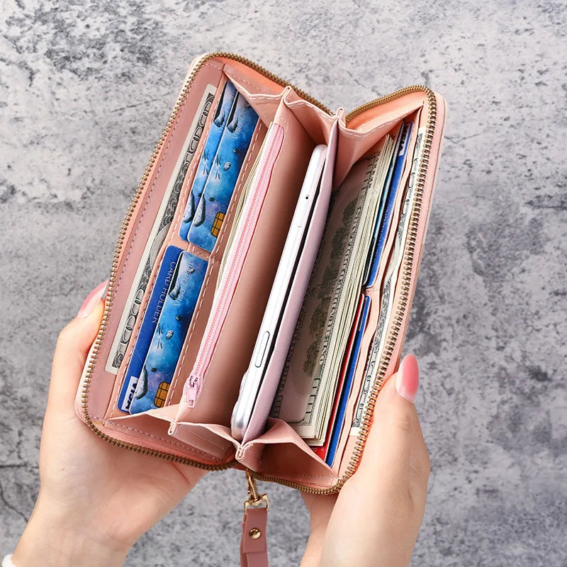 Damen Lange PU Leder Geldbörse mit Reißverschluss – Kartenhalter Münzbeutel Handtasche Stil