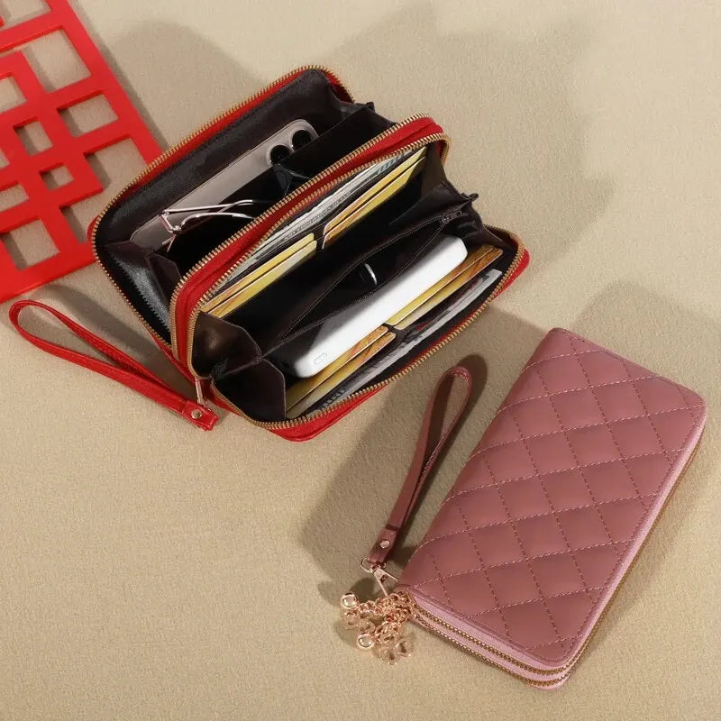 Damen Lang Geldbörse – Doppel Reißverschluss PU Leder Clutch mit Mehrschichtiger Aufbewahrung
