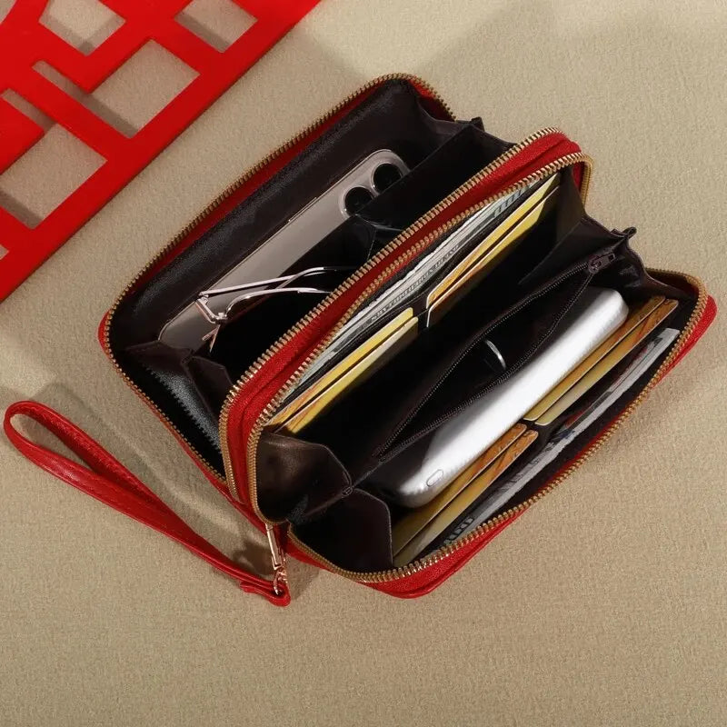 Damen Lang Geldbörse – Doppel Reißverschluss PU Leder Clutch mit Mehrschichtiger Aufbewahrung