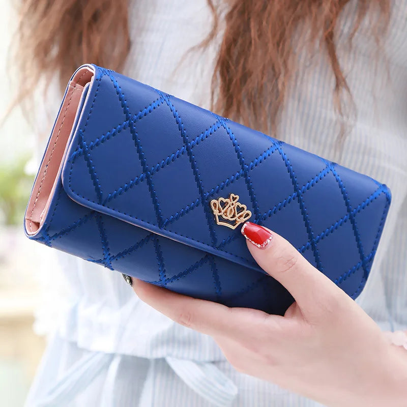 Damen Lange PU Leder Geldbörse – Rautenmuster mit Kronenverschluss Großes Fassungsvermögen Handy Tasche
