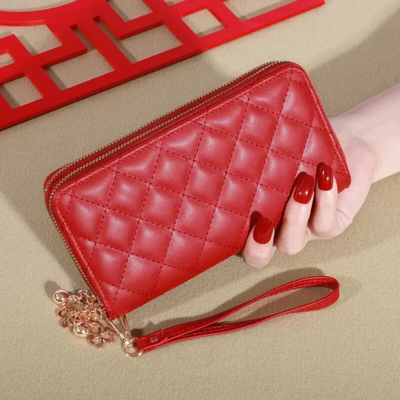 Damen Lang Geldbörse – Doppel Reißverschluss PU Leder Clutch mit Mehrschichtiger Aufbewahrung