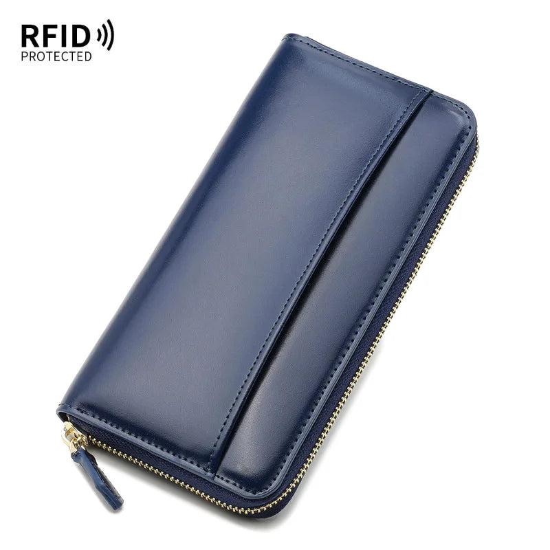 Damen Geldbeutel aus Glattleder im Langformat – Mit Reißverschluss, Kartenfächern und RFID-Schutz